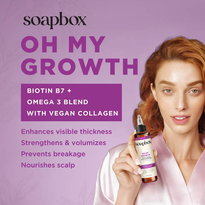A person holds Soapboxs Oh My Growth Lengthening Vitamin Booster Rinse-Out Treatment against a purple background, featuring biotin B7, omega-3 blend, and vegan collagen to boost volume, enhance thickness, strengthen strands, prevent breakage, and nourish the scalp.