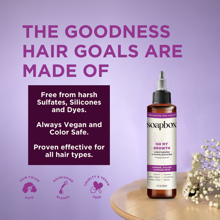 A purple-themed ad for Soapboxs Oh My Growth Lengthening Vitamin Booster Rinse-Out Treatment shows a bottle on a wooden surface with flowers, emphasizing benefits like being sulfate-free, vegan, and color-safe, ensuring fuller-looking hair for all types.