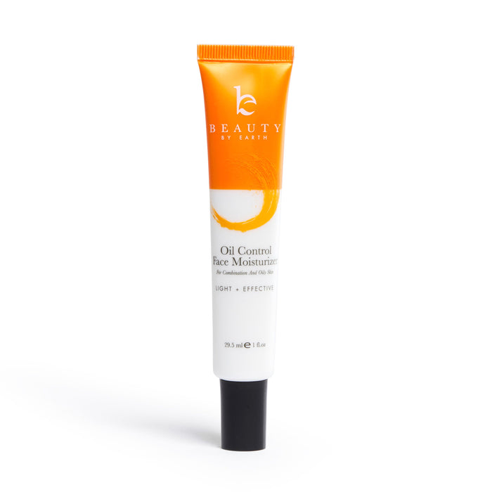 The Beauty by Earth Oil Control Facial Moisturizer comes in a tube with an orange cap, highlighting Light + Effective. It contains 29.5 ml (1 fl oz) of natural ingredients like Organic Aloe Vera, tailored for combination to oily skin.