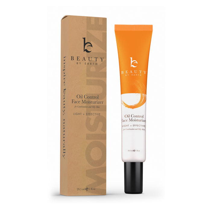 Beauty by Earths Oil Control Facial Moisturizer uses natural ingredients, including organic aloe vera, for optimal care. The orange and white tube with black text is packaged in a brown box featuring branding and details. Its lightweight, effective, and ideal for combination and oily skin.