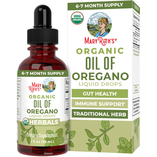MaryRuth's Oil of Oregano Liquid Drops for gut health and immune support are blended with organic extra virgin olive oil. The bottle and box indicate a 6–7 month supply and display USDA organic certification.