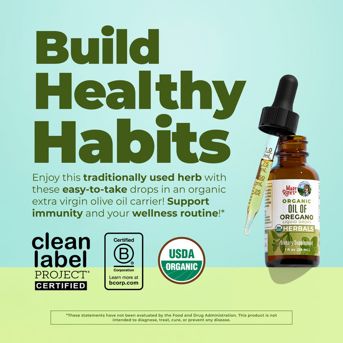 MaryRuth’s Oil of Oregano Liquid Drops with dropper offers immune support and is blended with organic extra virgin olive oil. Certified B Corporation, USDA Organic, and Clean Label Project certified.