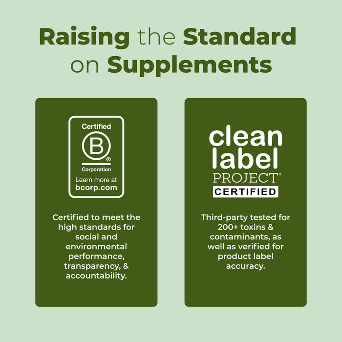 Two certification badges are shown: the left is B Corporation, highlighting social and environmental standards, and the right is Clean Label Project, confirming MaryRuth's Oil of Oregano Liquid Drops meet strict third-party testing.