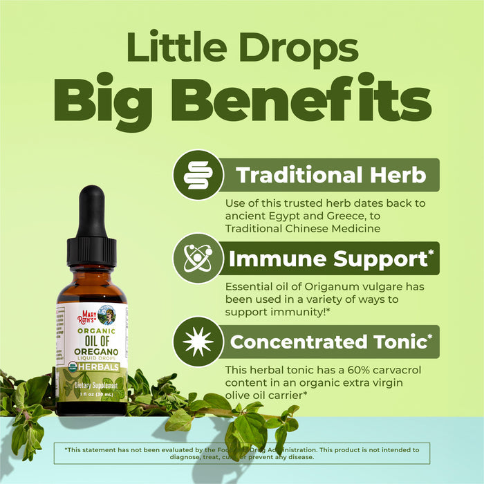A promotional image for MaryRuth's Oil of Oregano Liquid Drops features a dropper bottle beside text emphasizing: Traditional Herb, Immune Support, and Concentrated Tonic. Leaves and icons accent the design.
