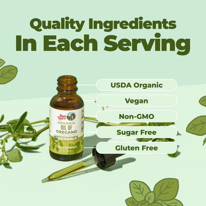 MaryRuth's Oil of Oregano Liquid Drops, infused in organic extra virgin olive oil, lies among oregano leaves on a green surface. USDA Organic, Vegan, Non-GMO, Sugar Free & Gluten Free for immune support.