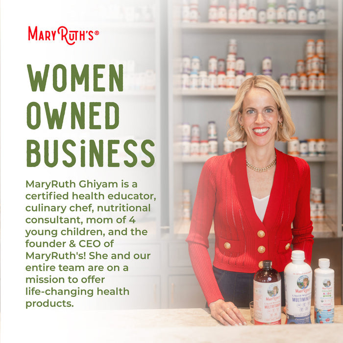 A smiling woman in a red sweater stands before shelves of health products. Text highlights her as MaryRuth, founder and CEO of women-owned MaryRuth’s, makers of Oil of Oregano Liquid Drops for health and immune support.
