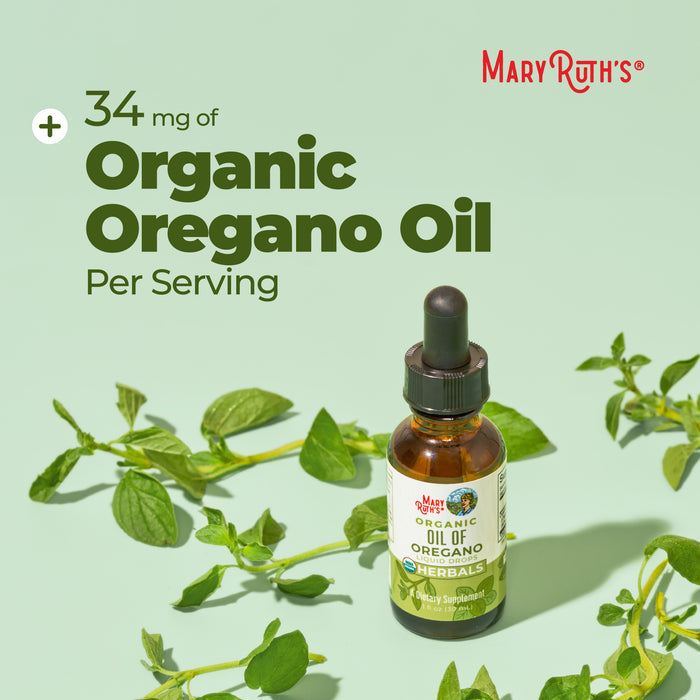 MaryRuth's Oil of Oregano Liquid Drops with a dropper is pictured among oregano sprigs on a light green background. Text above notes “34 mg of Oil of Oregano Per Serving” and highlights its immune support benefits.