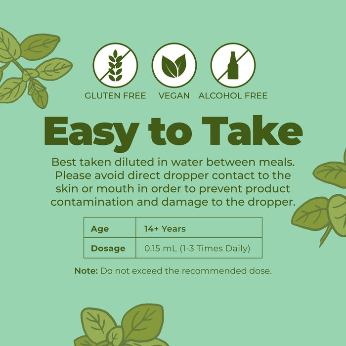MaryRuth's Oil of Oregano Liquid Drops in a green label with gluten-free, vegan, and alcohol-free icons. Features oil of oregano in organic extra virgin olive oil for immune support. Includes "Easy to Take" text, dosage instructions (14+), and leafy designs.