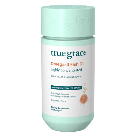 A True Grace Omega-3 Fish Oil bottle with a light green cap and label, featuring highly concentrated EPA & DHA from sustainably sourced wild-caught Alaskan pollock.
