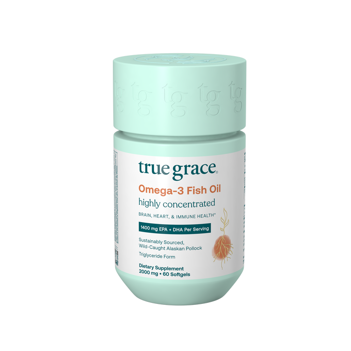True Grace Omega-3 Fish Oil offers 1400 mg EPA & DHA per serving from sustainably sourced Alaskan fish in a mint green bottle, containing 60 concentrated softgels.