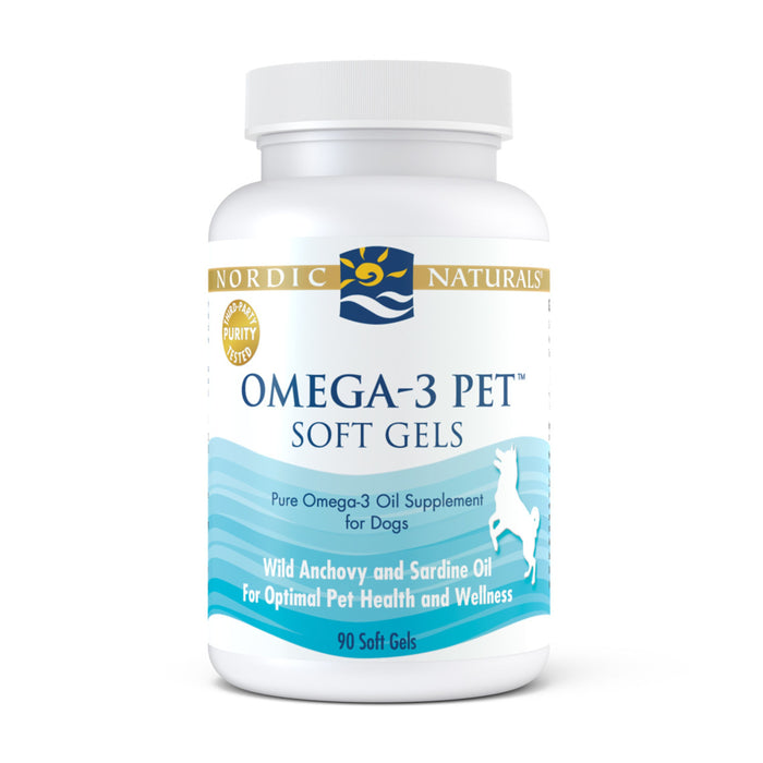 A white bottle of Omega-3 Pet by Nordic Naturals contains 90 soft gels made with sustainably sourced wild anchovy and sardine oil, featuring a horse graphic on the label as a mark of quality.