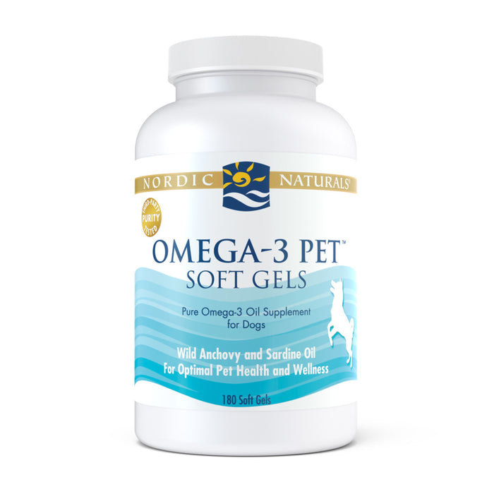 Nordic Naturals Omega-3 Pet offers 180 soft gels for dogs, featuring a blue and white label with a dog silhouette. Made from sustainably sourced wild anchovy and sardine oil, it provides essential omega-3s to support your pets health.