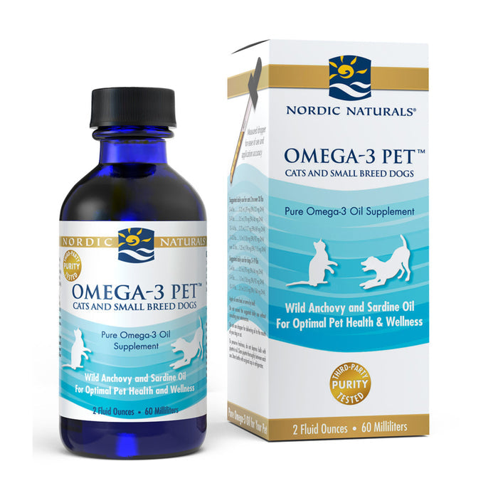 The product image showcases a blue bottle labeled Nordic Naturals Omega-3 Pet, ideal for cats and small breed dogs. The 2 oz (60 ml) packaging features sustainably sourced wild anchovy and sardine oil to enhance pet health and wellness.