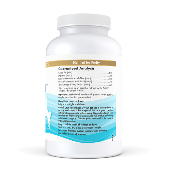 The Omega-3 Pet bottle by Nordic Naturals features supplement info about sustainably sourced Omega-3 fatty acids and advises consulting a vet for ill pets. The plain white background emphasizes the product.