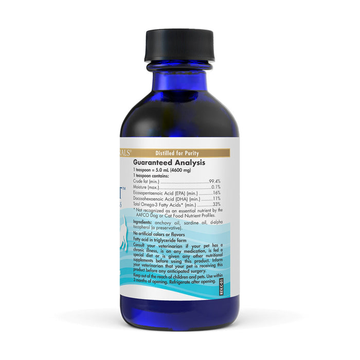 A dark blue bottle of Nordic Naturals Omega-3 Pet supplement oil for dogs and cats features a label with guaranteed analysis, containing sustainably sourced fish oil and omega-3s, with instructions to refrigerate after opening.