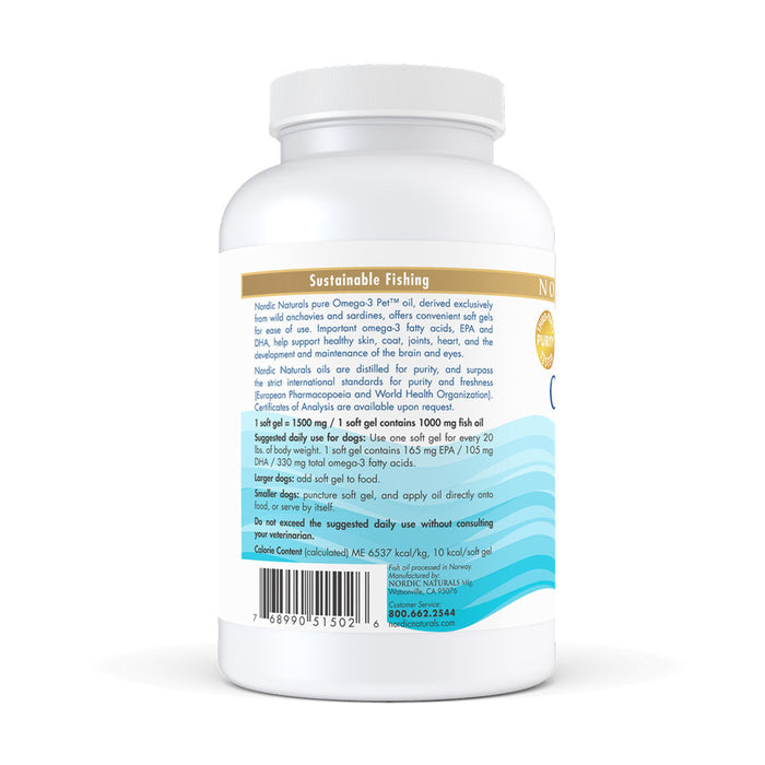 The back of the white Omega-3 Pet bottle by Nordic Naturals details sustainably sourced fish oil, dosage, nutritional info, and certifications. The barcode highlights its commitment to sustainable fishing practices.