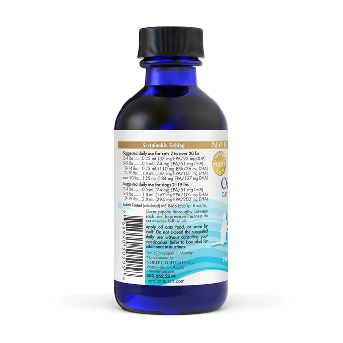 A blue glass bottle displays nutritional info and dosage for Omega-3s, emphasizing Nordic Naturals sustainable fish oil practices. It features the Omega-3 Pet line with a customer service phone number at the bottom.