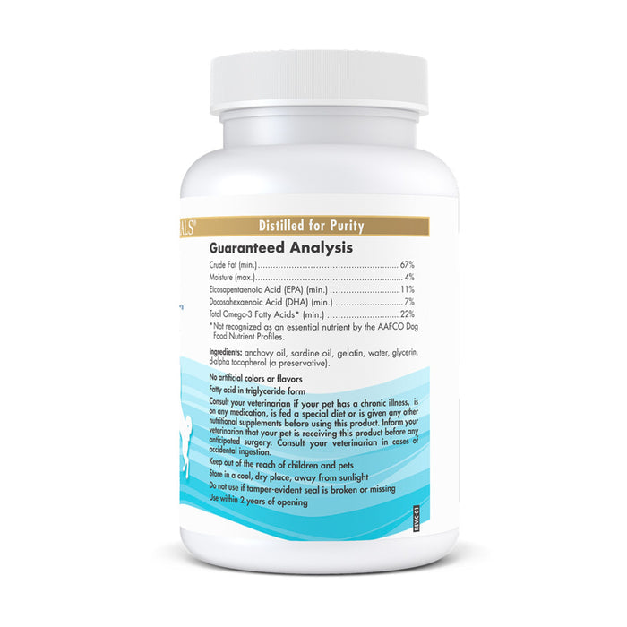 A white supplement bottle labeled Omega-3 Pet by Nordic Naturals features a white and gold design with a section titled Guaranteed Analysis. It lists sustainably sourced ingredients like Omega-3s, dosage instructions, warnings, and storage guidance. The bottle is displayed on a plain white background.
