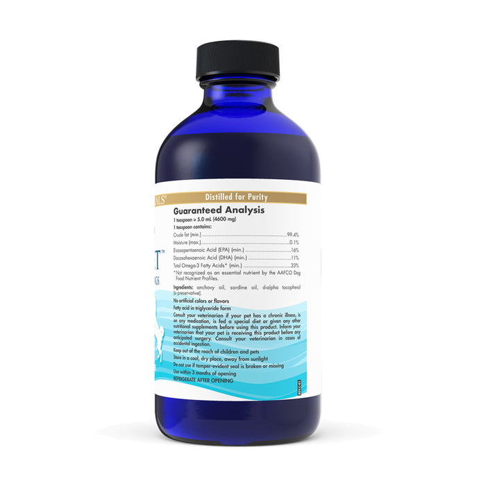 A blue bottle from Nordic Naturals with a white label shows product info like Guaranteed Analysis, omega-3s, fatty acids, and vitamins. Designed with a black cap for purity and health benefits, the Omega-3 Pets nutrients are sustainably sourced.