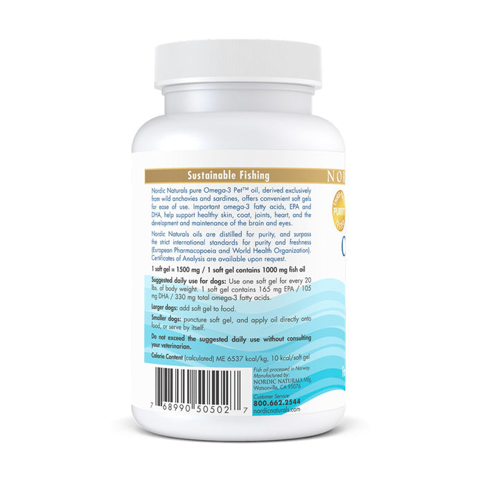 A white bottle of Nordic Naturals Omega-3 Pet soft gels features a blue and silver label, with sustainably sourced ingredients, product details, and nutritional information highlighted on the back.