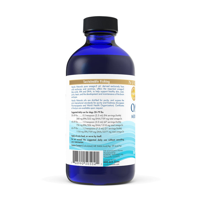 The Omega-3 Pet by Nordic Naturals comes in a blue bottle featuring a beige label with info on sustainably sourced ingredients, sustainable fishing, product details, suggested use, and omega-3s for pets. A barcode is included and the cap is a darker blue.