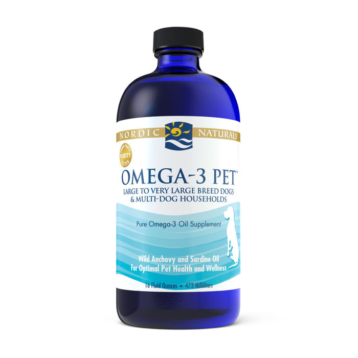 A blue bottle of Nordic Naturals Omega-3 Pet supplement is ideal for large to very large breed dogs and multi-dog homes. It features a gold-sealed label with a dog silhouette, showcasing its 10 fl oz of sustainably sourced omega-3s.