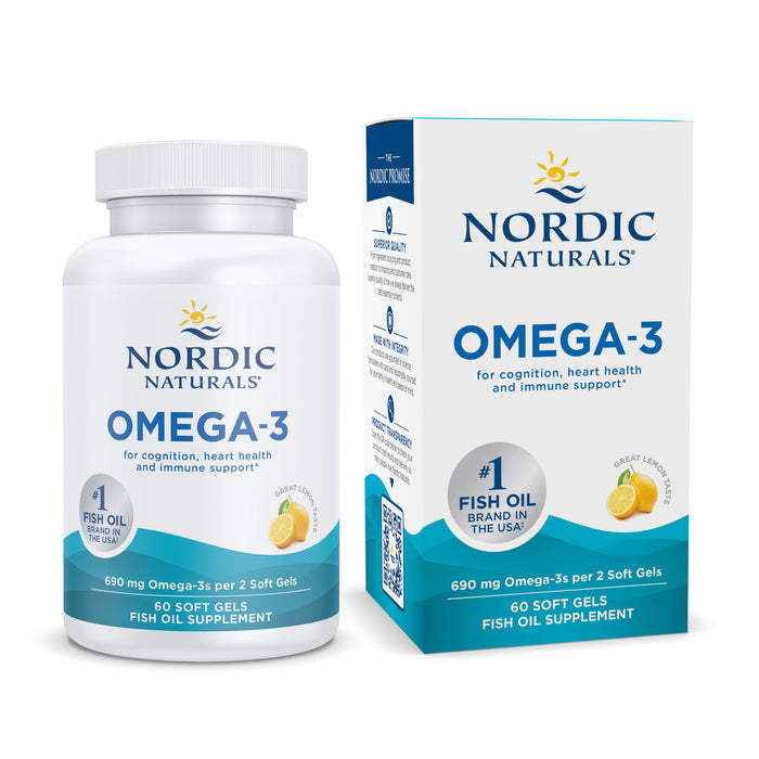 An image features a bottle and box of Nordic Naturals Omega-3, boasting brain, heart, and immune support. Includes 60 lemon-flavored soft gels. The packaging highlights its status as the number one omega-3 fish oil brand in the USA.