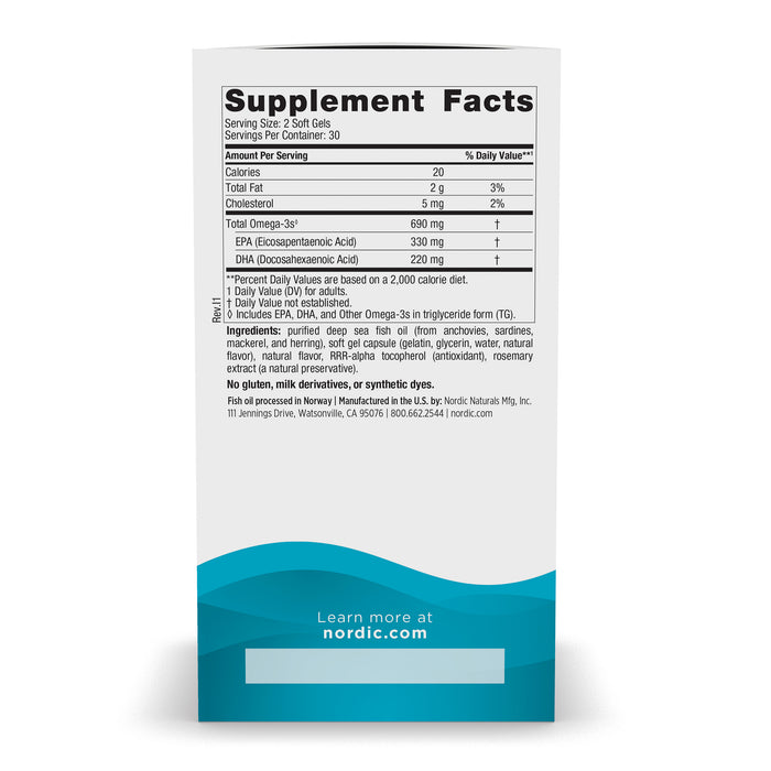 The image features a white box labeled Omega-3 by Nordic Naturals, with a Supplement Facts panel for fish oil soft gels showing calories, total fat, and Omega-3 content (EPA/DHA). It supports heart and brain health while being free from gluten and artificial ingredients. Visit nordic.com to learn more.
