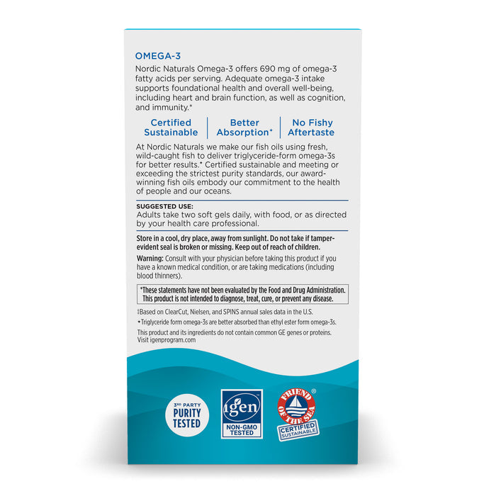 The Nordic Naturals Omega-3 supplement, with 690 mg of omega-3s per serving, promotes heart and brain health. It is non-GMO, third-party tested, and sustainably sourced. The packaging includes clear warnings and usage instructions for safe use.