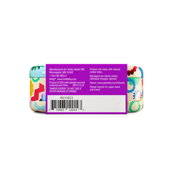A colorful rectangular tin with playful patterns contains Welly On-The-Go First Aid Kit bandages. The purple back label features the Welly brand, manufacturer details, barcode, tamper warning, and product info.
