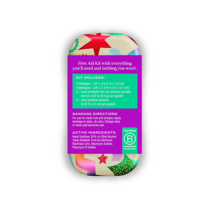 The Welly On-The-Go First Aid Kit tin is colorful and lists items like bandages, triple antibiotic ointment, and wipes, plus instructions and active ingredients; a green Certified B Corporation logo appears on the lower right.