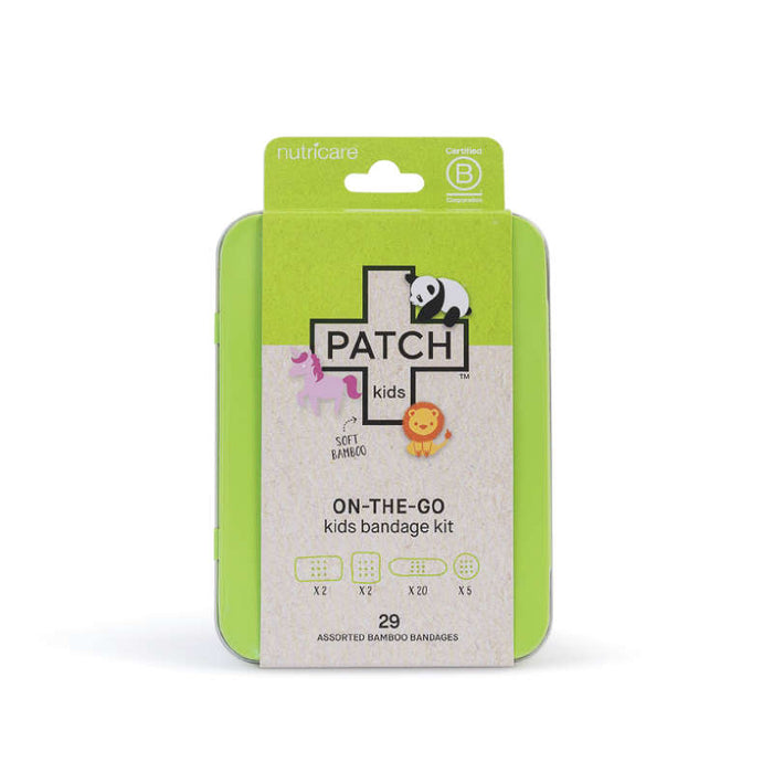 Green PATCH On-The-Go Kids Kit packaging features a panda logo and includes cartoon unicorn and lion images. The stylish travel tin contains 29 assorted bamboo bandages in various sizes with fun kids prints.