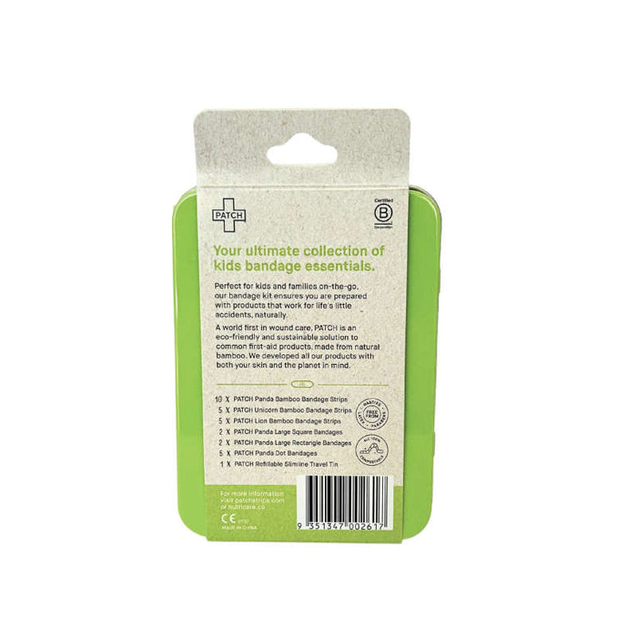 The back of the PATCH On-The-Go Kids Kit bandage pack features bamboo fabric and eco-friendly highlights. It includes various fun prints in multiple sizes, neatly packed in a green package with a barcode at the bottom, ideal for travel tins.