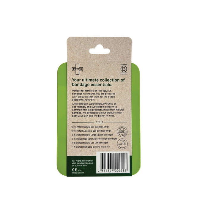 The image shows the back of a beige PATCH On-The-Go Travel Kit package, detailing bamboo bandages with aloe vera, coconut oil, and activated charcoal. Ideal for first aid, it includes a barcode and contact information at the bottom for easy reference.