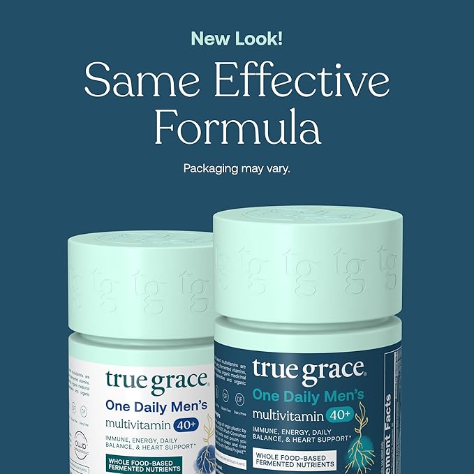 Two bottles of True Grace One Daily Mens 40+ Multivitamin with light green caps are shown on a teal background. Now with Coenzyme B Vitamins. Text above: New Look! Same Effective Formula. Packaging may vary.