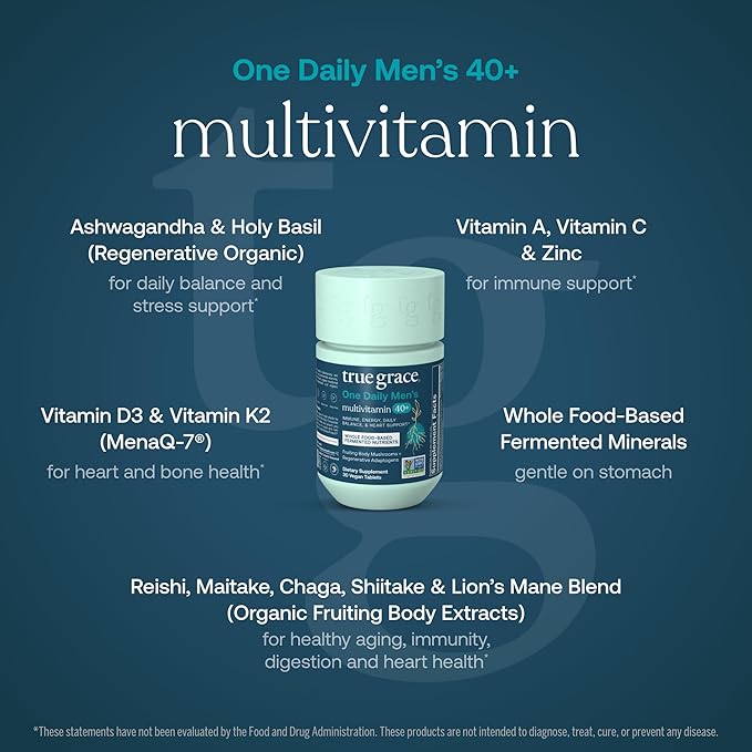 Image shows a True Grace One Daily Men’s 40+ Multivitamin bottle with text highlighting chelated minerals, organic mushroom blend, and benefits for overall health and wellness.