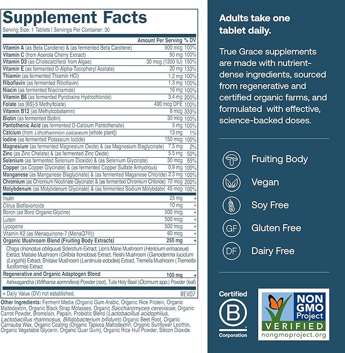 Supplement Facts label for True Grace One Daily Mens 40+ Multivitamin, featuring multivitamins, Coenzyme B Vitamins, organic mushrooms, and icons for Vegan, Soy Free, Gluten Free, Dairy Free & NON GMO Project Verified certifications.