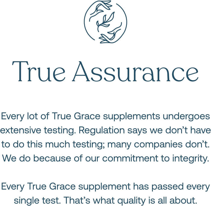 The image shows hands encircling leaves above True Assurance. Below, it notes that True Graces One Daily Mens 40+ Multivitamin is rigorously tested for quality and integrity, with every batch meeting high standards.