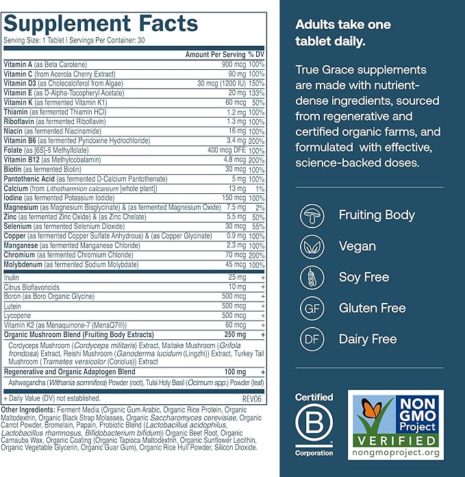 Supplement Facts label for True Grace One Daily Mens Multivitamin lists vitamins, chelated and fermented minerals with amounts and daily values. Side panel highlights: Vegan, Soy Free, Gluten Free, Dairy Free, Non-GMO, B Corporation.