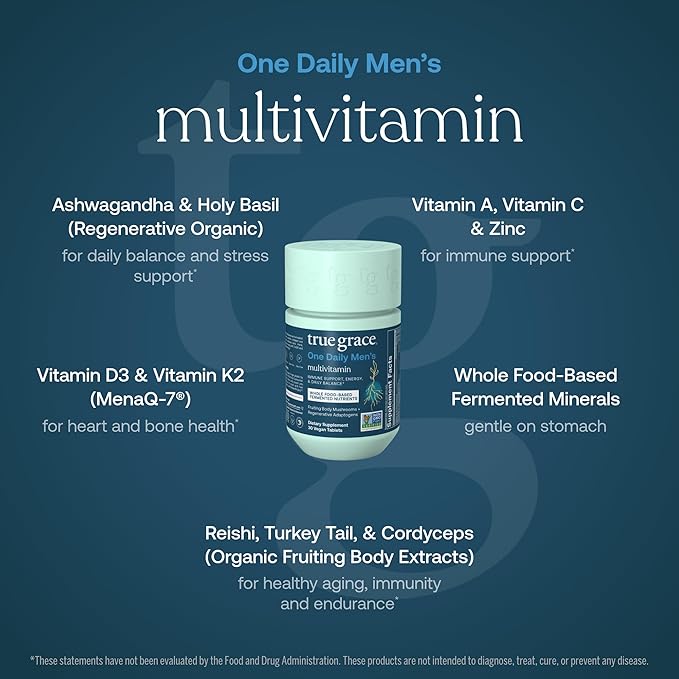 A blue graphic features True Grace One Daily Mens Multivitamin with chelated and fermented minerals, an Organic Mushroom Blend, ashwagandha, holy basil, plus vitamins A, C, D3, K2, and zinc for mens health.