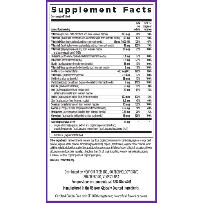 The Supplement Facts label for New Chapters One Daily Prenatal Multivitamin lists vital nutrients such as iron and methylfolate, along with various vitamins, minerals, and proprietary herbal blends. Company information and contact details are conveniently placed at the bottom.