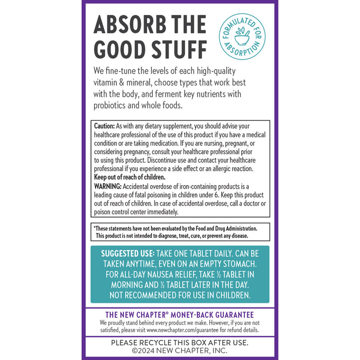 Image of a supplement box labeled "Absorb the Good Stuff." It emphasizes high-quality vitamin B, mineral absorption, and iron caution for pregnancy. Instructions include dosage: one tablet daily, and item is not for children under 12. Recycling info included.