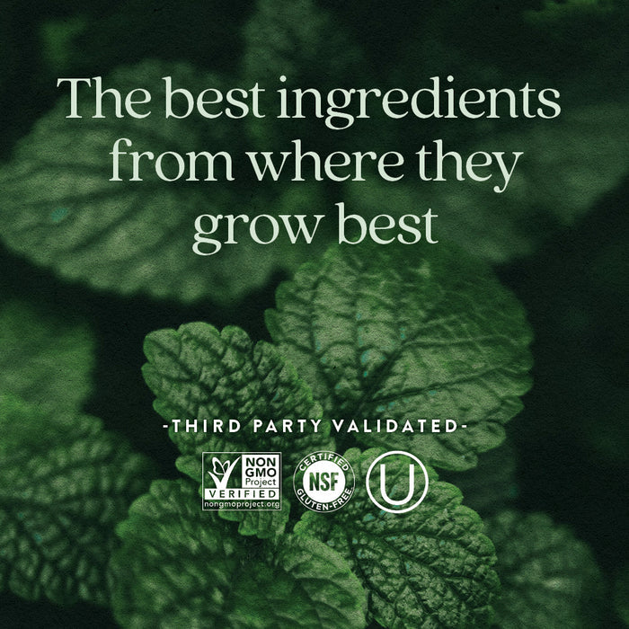 Close-up image of fresh green leaves with overlaid text: "The best ingredients from where they grow best." Certifications below include Non-GMO Project Verified, NSF Certified Gluten-Free, and another circular certification mark.