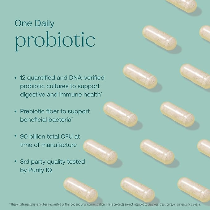 A stylized image of probiotic capsules arranged diagonally on a green background. Text highlights features like 12 DNA-verified cultures, prebiotic fiber, 90 billion CFU, and third-party quality testing by Purity IQ.