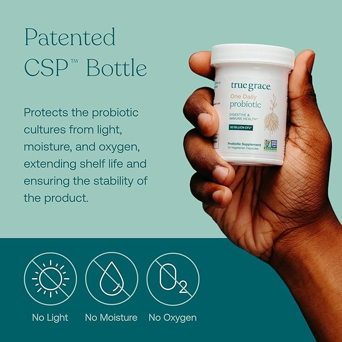 A hand holds a container of True Grace One Daily Probiotic against a teal background. Text highlights its patented CSP bottle, which protects contents from light, moisture, and oxygen. Icons illustrate these features on the left.