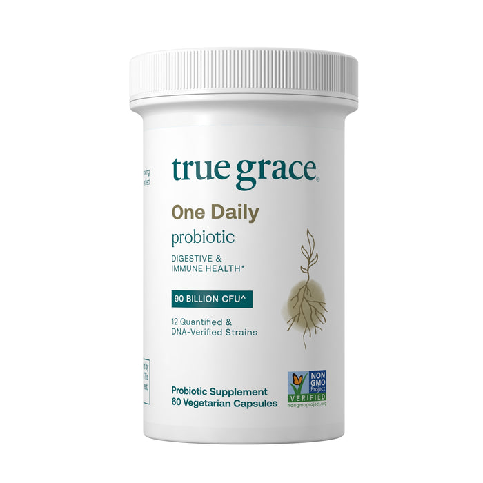 A white bottle of True Grace One Daily Probiotic - For Digestive & Immune Health displays 90 billion CFU, 12 strains, Non-GMO Project Verified badge, and contains 60 vegetarian capsules.
