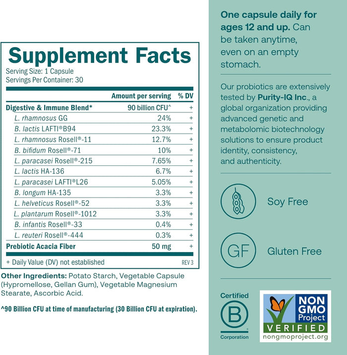True Grace One Daily Probiotic supplement facts label: contains probiotics and prebiotic fiber to support digestive and immune health; soy free, gluten free, non-GMO, suitable for ages 12+, with ingredients, daily values, serving size, and certifications.