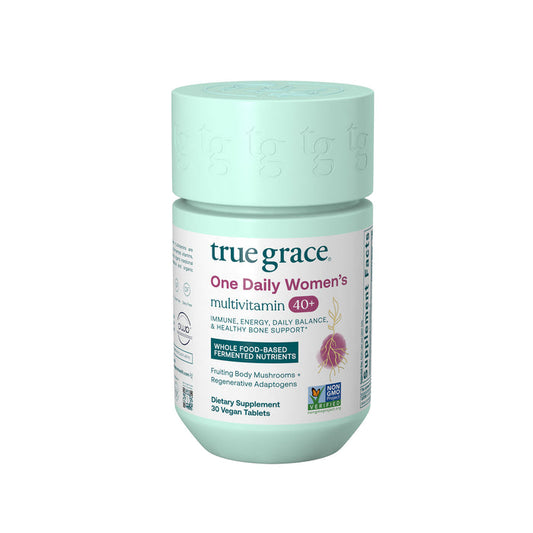 The One Daily Womens 40+ Multivitamin by True Grace is a green bottle containing 30 vegan tablets. It supports immunity, energy, and bone health with organic mushrooms and fermented nutrients. Its Non-GMO, USDA Organic certified.