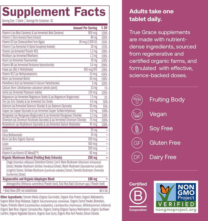 True Grace One Daily Women's 40+ Multivitamin features coenzyme B vitamins, minerals, an organic mushroom blend, and is vegan, soy-free, gluten-free, dairy-free, non-GMO, and certified organic.