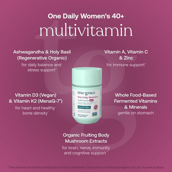 A True Grace One Daily Women's 40+ Multivitamin promo graphic highlights immune support, balance, bone density, organic mushrooms, coenzyme B vitamins, and food-based vitamins with the bottle centered on a purple background.